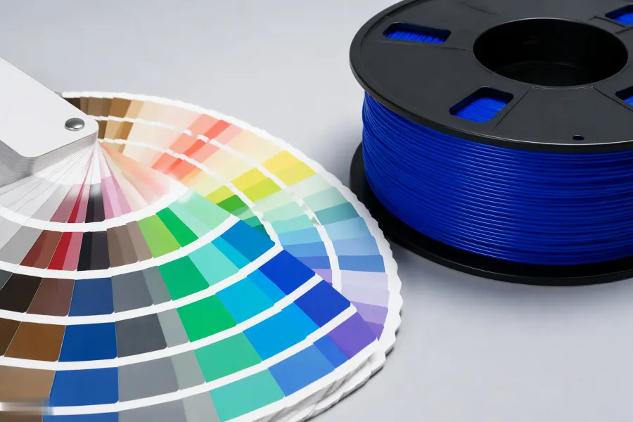 Fanned color swatch deck next to a spool of royal blue filament