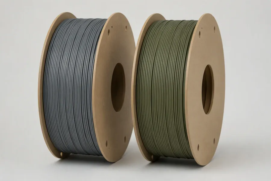 Matte PLA filament spools in slate grey and muted olive