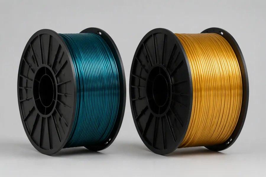 PLA+ filament spools in deep teal and silk gold finishes