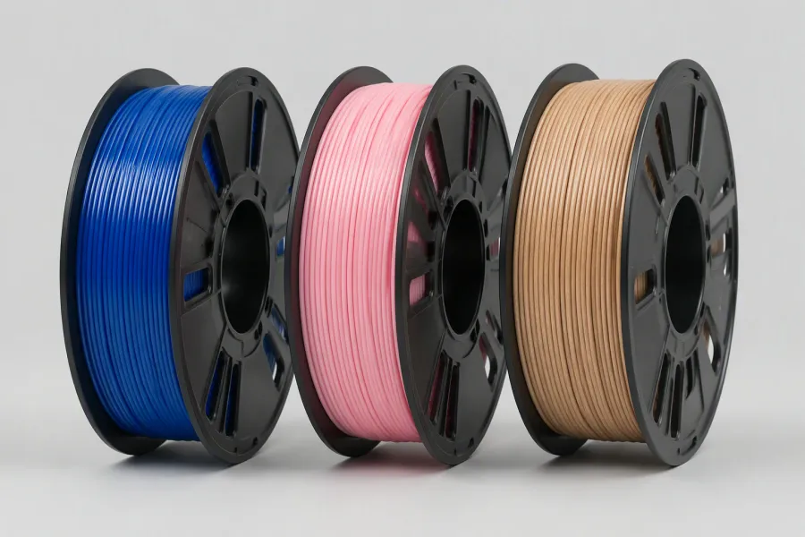 PLA filament spools in royal blue, pastel pink and wood-grain finishes
