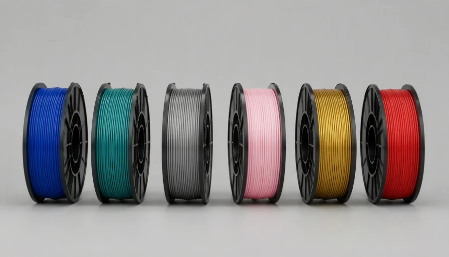 Six 3D printer filament spools in royal blue, teal, grey, pink, gold and red