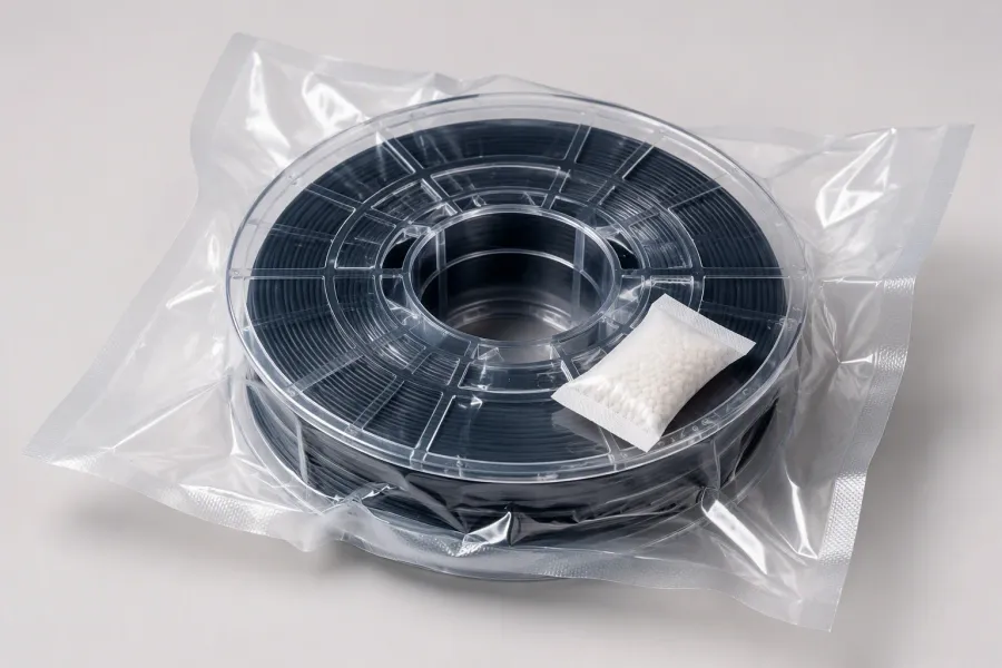 Vacuum-sealed filament spool with desiccant in transparent bag