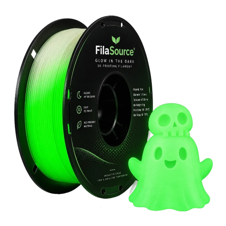 Glow-in-the-dark green PLA filament spool with a printed ghost sample