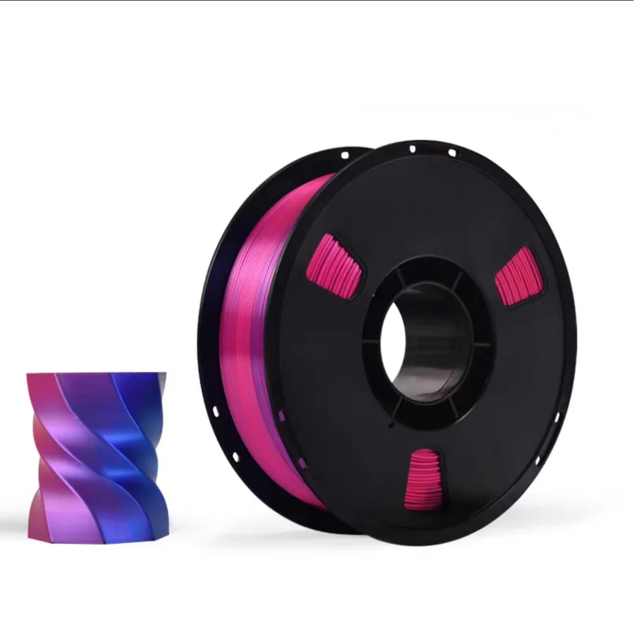 Pink-to-purple gradient PLA filament spool with a printed spiral vase sample