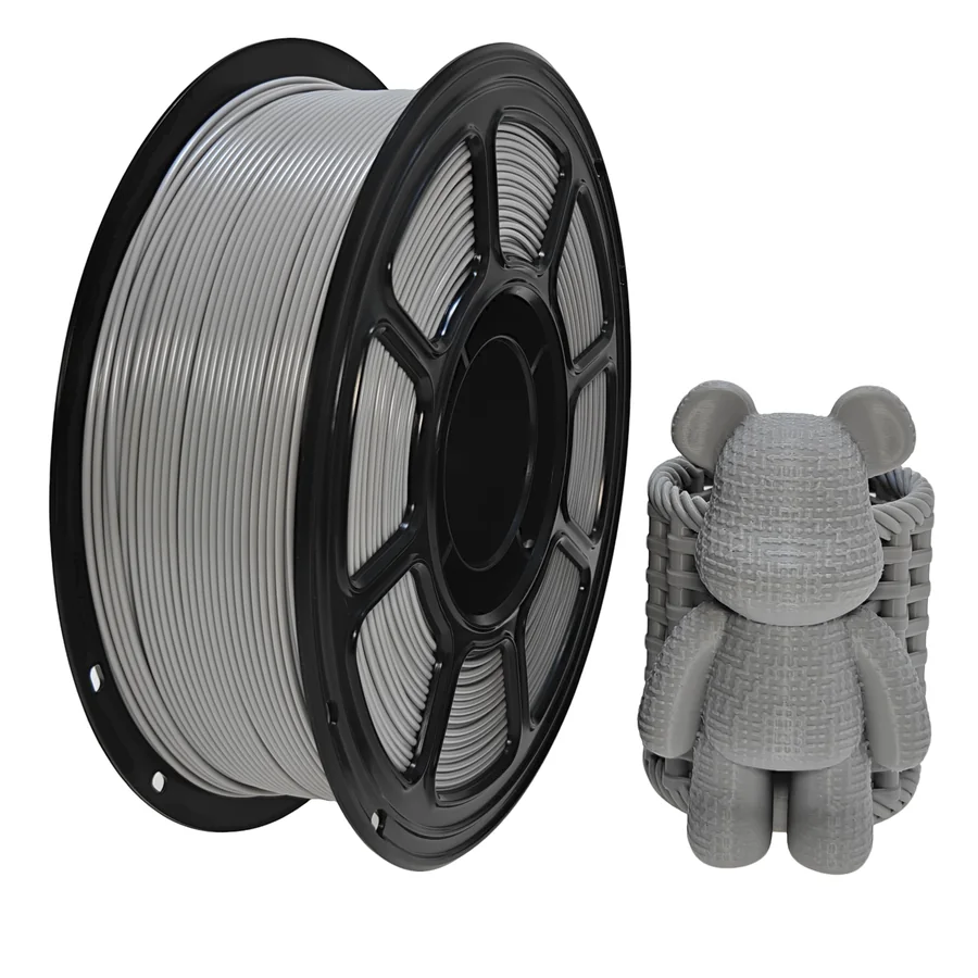 Natural white PLA filament spool with a printed dog figurine sample